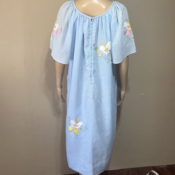 Vintage 40s 50s blue handcrafted embroidered linen Mexican shift dress mod sz XL - Picture 9 of 12